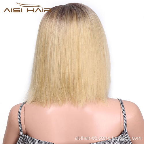 Aisi Hair Short Bob Ombre Blonde Dark Root Wig Silky Straight Front Lace Wig Cosplay Lace Front Hair Wigs For Black White Women